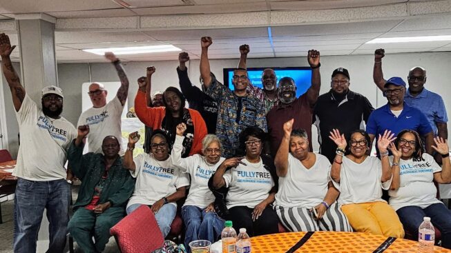 This photo features leaders from their chapter training in Rock Island, Illinois. Leaders spent the day learning the principles of organizing, building relationships, and understanding why they must build power collectively to end permanent punishments across their communities.